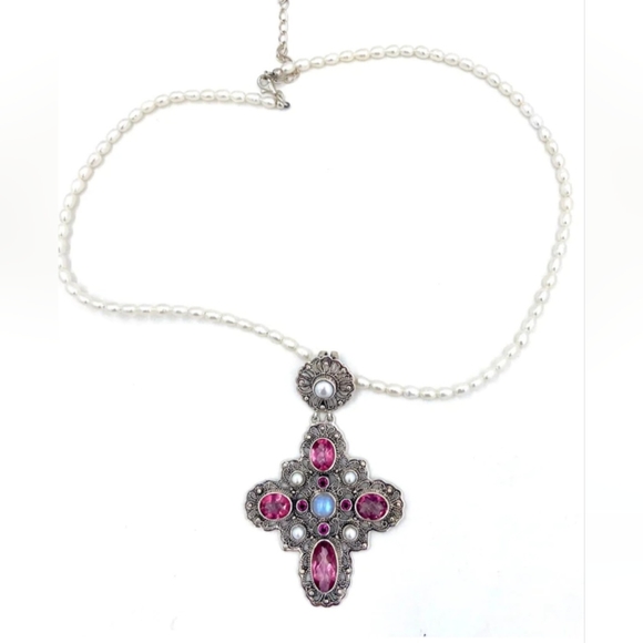 Nicky Butler Sterling Silver Pink Quartz Rhodolite Cross Pendant Pearl Necklace - Picture 12 of 16